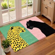 1pc Pink Green Leopard & Contrast Pattern Printed Faux Cashmere Surface TPR Bottom Doormat, Bathroom Mat, Kitchen Mat, Laundry Mat, Holiday Atmosphere Decor, Home Decor, Party Decor, Wedding Decor, Dining & Kitchen Decor - Multicolor - View 7