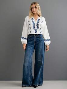 New 2026 Model:Camisa pura de manga larga estilo francés con bordado de temática étnica, ligera, cómoda y transpirable, perfecta para uso diario, desplazamientos y vacaciones - Blanco - Ver 3