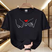 Women's Casual Black Cotton Short Sleeve Round Neck T-Shirt with Pinky Promise Hands and Heart Graphic Print for Streetwear Style - Negro - Ver 1