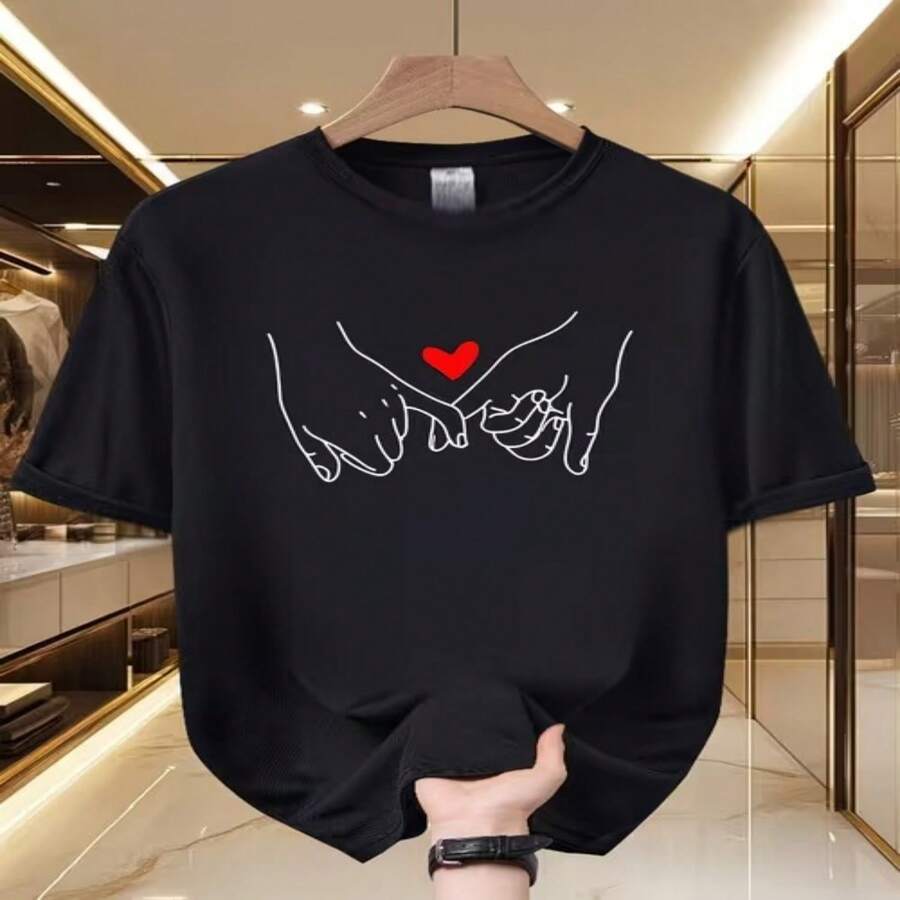 Women's Casual Black Cotton Short Sleeve Round Neck T-Shirt with Pinky Promise Hands and Heart Graphic Print for Streetwear Style - Negro - Ver 1