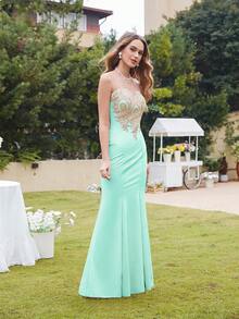 MisShow Elegant Sleeveless Round Neck Maxi Bodycon Dress With Contrast Sequin & Embroidery For Formal Events And Prom - 薄荷綠 - 查看 6