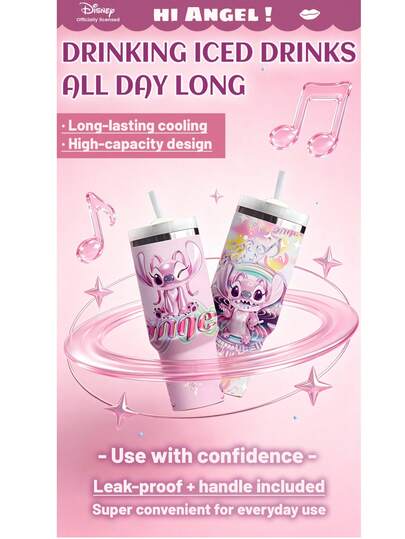 [Officially Licensed] Angel & Stitch 40oz Ice King Cup Large Capacity | Pink Insulated Tumbler Keeps Drinks Cold With Lid And Straw | Cute Couple Cartoon Water Bottle Gift For Women Girls