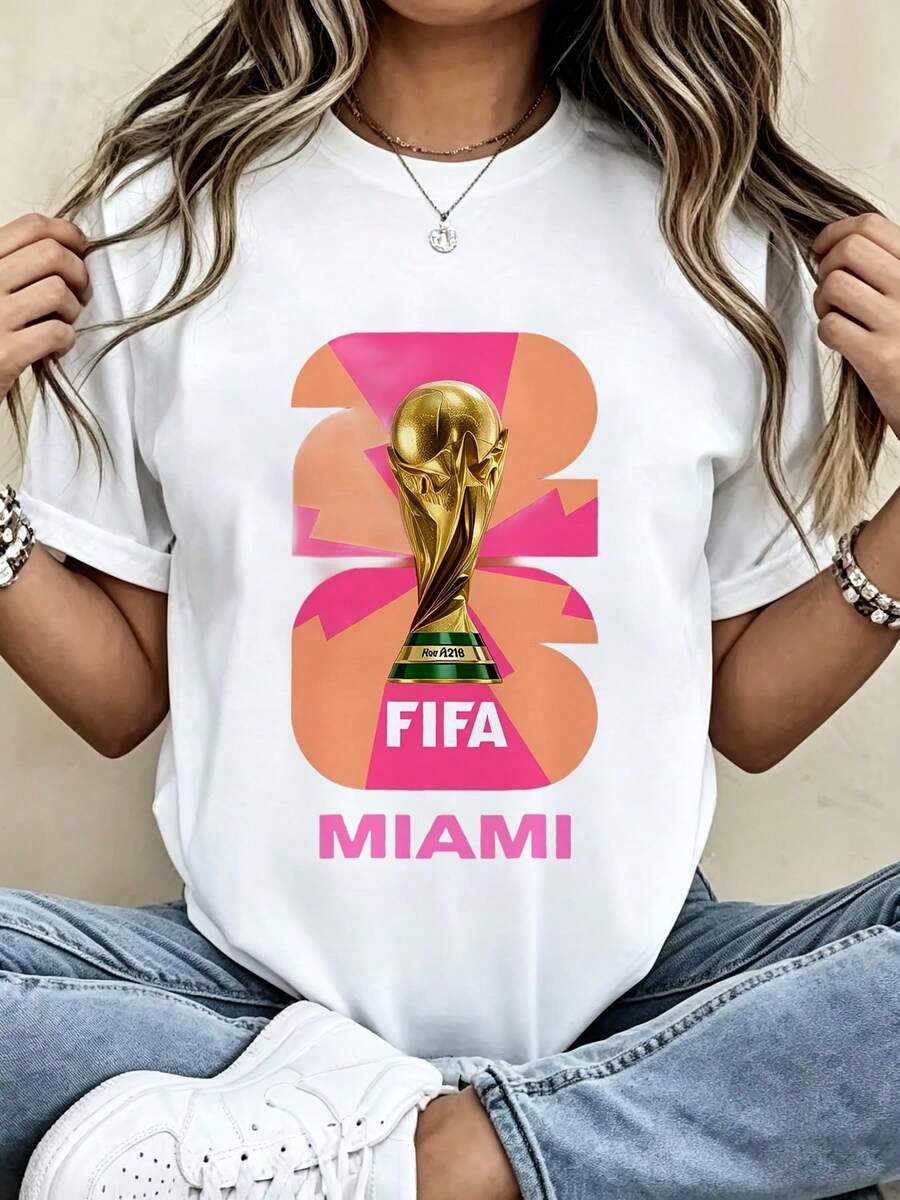 FIFA-2030 FIFA World Cup Miami Graphic T-Shirt - Black Short Sleeve Crew Neck Cotton Tee With Pink Orange "2030" & Golden Trophy Design, Soft Breathab - 白色 - 查看 1