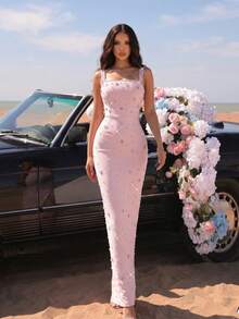 New Sexy Spaghetti Strap Square Neck Backless High-End Hot-Selling Rhinestone Floral Design Solid Color Slimming Long Dress Bridesmaid Dress - Baby Pink - View 5