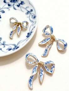 2pcs/Set Vintage Oil Painting Drip Blue & White Porcelain Bow Earrings, Fashionable Enamel Ribbon Earrings For Women - Multicolor - View 14