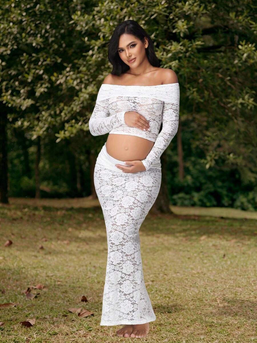 JustVH 2 piezas Conjunto de top con hombros descubiertos de encaje y falda transparente con abertura, adecuado para fotografía de maternidad, baby shower, fiesta en color blanco - Blanco - Ver 1