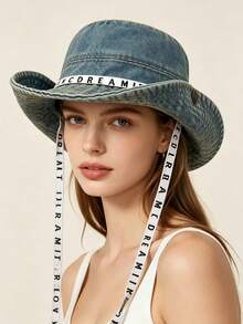 1pc Women's Solid Color Korean Style Japanese Streetwear Washed Distressed Hat With Rope Tie Decor Fashion Bucket Hat Western Cowboy Hat, Outdoor Hiking Camping Climbing Foldable Sun Hat, Spring Summer Autumn Sun Protection Hat For Campus Students Travel Beach - A - View 4