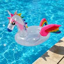 Viral Sequin Unicorn Inflatable Float, Adult Pool Ride-On, Style Photo Prop, Summer Pool Party Inflatable Float Bed, Oversized Thickened Rainbow Unicorn Swimming Float Mat, Vacation Photo Essential, Viral Transparent Sequin Unicorn Inflatable Water Float - Inflatable Rainbow Transparent Unicorn Pegasus - View 5