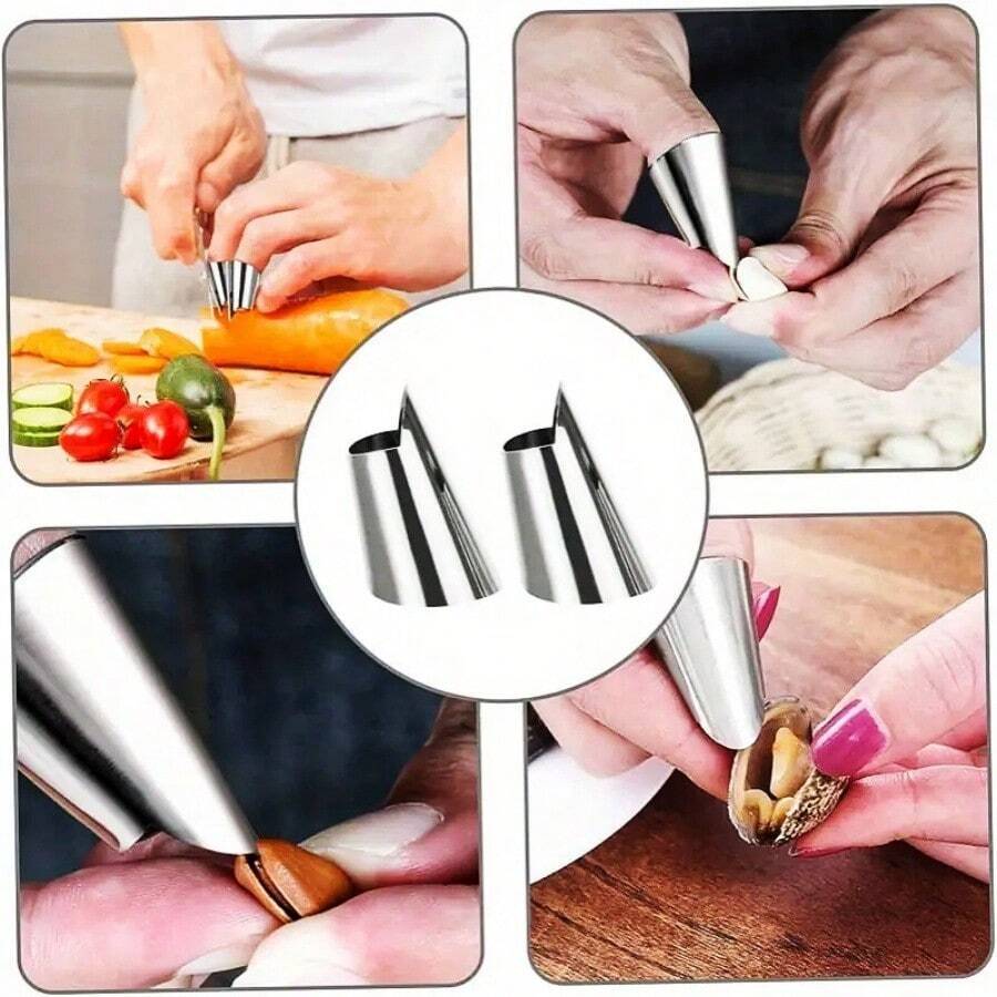 2pcs/4pcs/5pcs Stainless Steel Vegetable Picking Finger Nail Protector, Finger Guard Sleeve, Finger Cap, Garlic Peeling & Edamame Pinching Thumb Knife - Silver - View 1