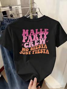 New Women's Top, Perfect For Island Carnival Parties, Featuring The Letter Print 'MALLE PARTY CREW NO SIESTA JUST FIESTA', Casual Short-Sleeved Crew Neck Sports Top - 白色 - 查看 7