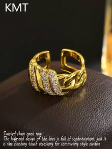 KMT 1pc Copper Inlaid Artificial Zirconia Creative Twisted Chain Women's Ring, 3D Line Design With High-End Luxury Feel, Essential Fashion Accessory For Young People, Minimalist High-End Commuter Style, Perfect Gift For Goddess Day, Women's Day, Birthday, Suitable For Workplace Colleagues, Best Friends, Female Elders, Elegant And Stylish. Thick Chain Cuban Open Ring, American Retro Hot Girl Style, Unisex, Street Cool Girls - Twisted Chain Clause - View 1