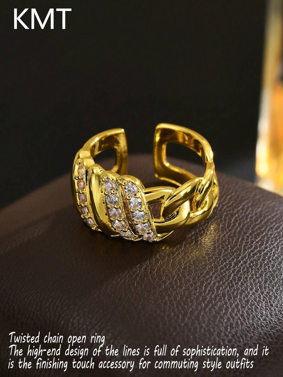 KMT 1pc Copper Inlaid Artificial Zirconia Creative Twisted Chain Women's Ring, 3D Line Design With High-End Luxury Feel, Essential Fashion Accessory For Young People, Minimalist High-End Commuter Style, Perfect Gift For Goddess Day, Women's Day, Birthday, Suitable For Workplace Colleagues, Best Friends, Female Elders, Elegant And Stylish. Thick Chain Cuban Open Ring, American Retro Hot Girl Style, Unisex, Street Cool Girls - Twisted Chain Clause - View 1