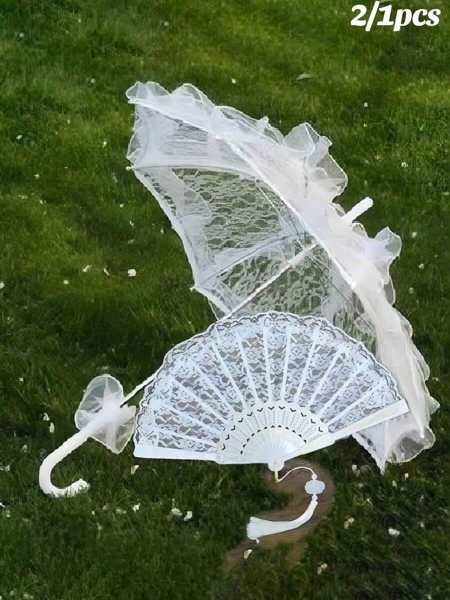 2/1件新娘婚禮裝飾道具套裝：蕾絲雨傘與蕾絲塑膠扇子，歐式新娘婚禮雨傘，戶外婚禮裝飾雨傘扇子套裝，最佳禮物，婚禮攝影道具，適用於婚禮與舞蹈表演，白色新娘扇子，白色新娘摺疊扇，大號手持扇，適用於單身派對與婚禮裝飾