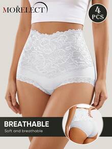 Morelect 4pcs/Set Women's High Waist Panties, Lace Patchwork, Jacquard Pattern, Tummy Control, Hip Shaping, Soft And Breathable - White - View 5