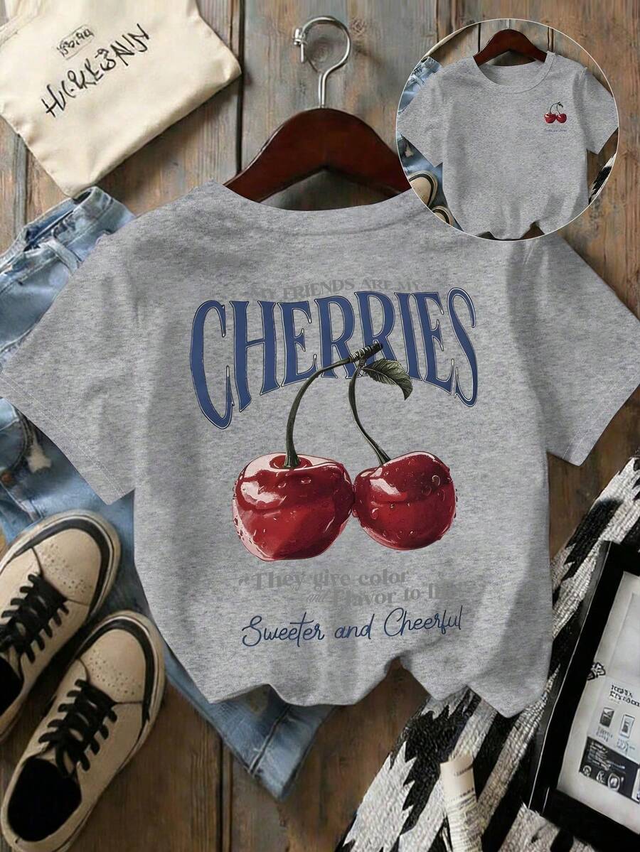 Women's T-Shirts My Best Friend Is My Cherry Fruit Print Crew Neck T-Shirt For Women Women's Athletic T-Shirts - 灰色 - 查看 1