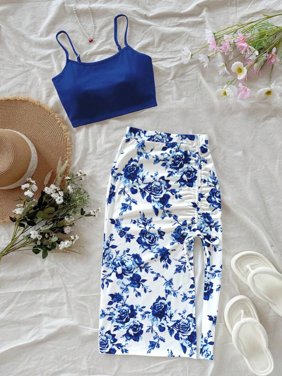 Conjunto de 2 piezas de top de tirantes con estampado floral y falda midi con lazo fruncido en la cintura, adecuado para verano, vacaciones y atuendo de playa - Multicolor 3 - Ver 1