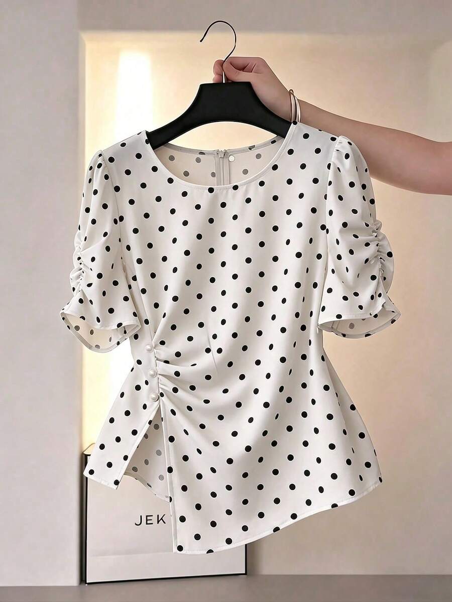 Blusa elegante de mujer con diseño asimétrico y cuello redondo - Blanco 2 - Ver 1