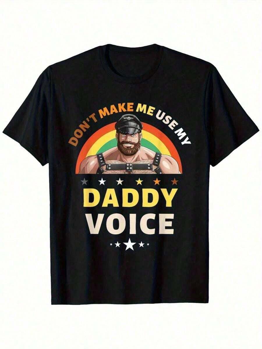 Camiseta de Orgullo Gay para Hombre - Camiseta Gráfica con Diseño de Arcoíris, Estrellas y Rayos, con la Frase 'No Me Hagas Usar la Voz de Mi Papá', Cuello Redondo Casual, Manga Corta para V - Negro - Ver 1