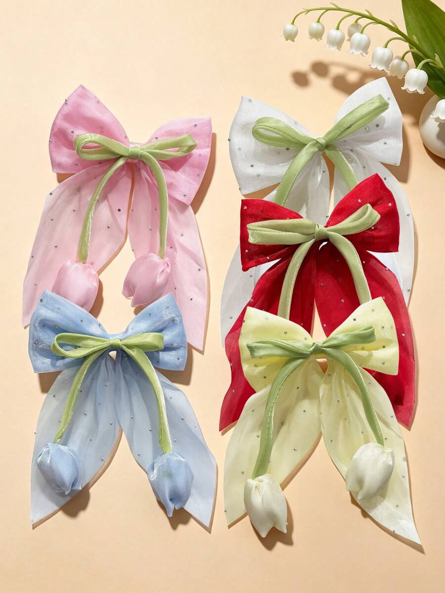 5pcs/Set Girls Multi-Color Chiffon Bow Hair Clips, Cute Vacation Style Tulip Flower Alligator Hair Clips, Sparkling Crystal Accessories, Suitable For Travel, Vacation, Party, Outing, Daily Commute, Wedding, Back To School Season, Great Gift Choice For Girls - Multicolor - View 1
