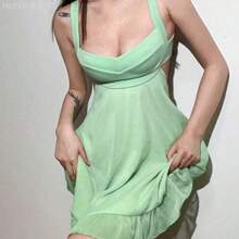 Yunuo Menswear Vestido holgado con escote descubierto y superposición de malla, con efecto deslumbrante y favorecedor - Verde - Ver 2