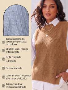 Women's Knitted Vest With Ribbed Crew Neck, Sleeveless, Casual And Elegant Knitwear For Autumn/Winter - 駝色 - 查看 2