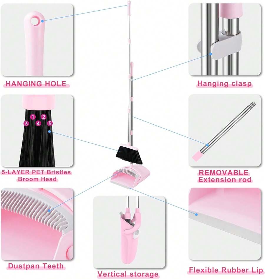 BSKLIN Broom And Dustpan Set For Home, 52u201d Long Handle Broom With Dustpan Combo Set With Dust Pan Teeth To Clean Hair Sweeping Set For Kitchen Hardwood Floors Pet Hair (Pink) - ColorD - View 1