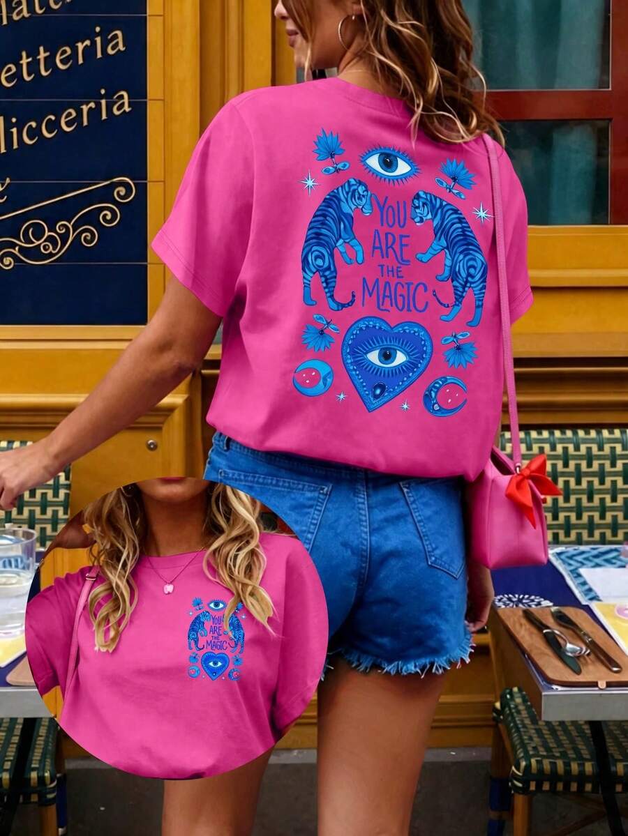 Women's Casual Printed T-Shirt, Short Sleeve, Round Neck, Local Urban Fashion Spring/Summer. Women's Blouses, Women's T-Shirts. 180g (S-XXXL) - 亮粉色 4 - 查看 1
