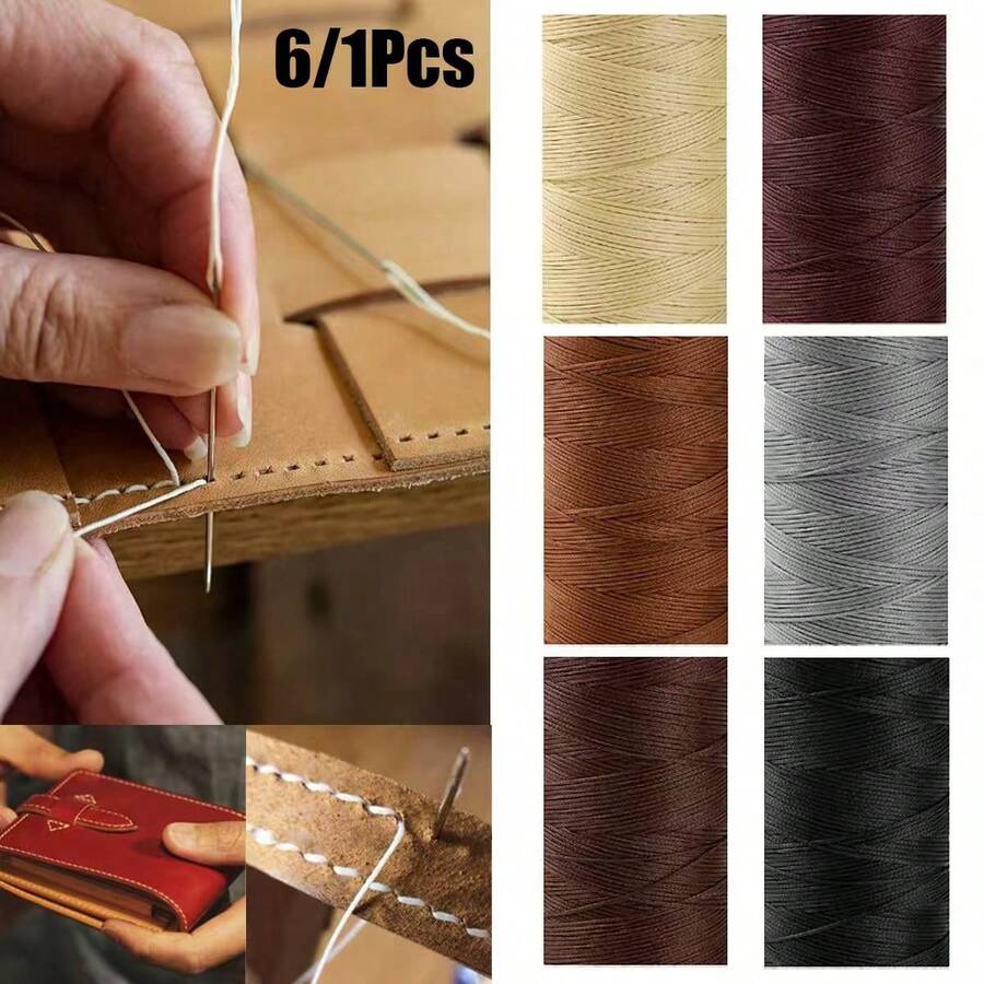 6入/1入 13碼/1捲 150D 手工 0.8MM 皮革縫製線，6色編織扁平蠟線，均勻塗蠟 - 不斷裂 - 16股皮革線 - 適用於縫製包袋、皮革、方向盤套、書籍裝訂及其他手工藝項目 (黑色、米色、淺灰色、桃色、咖啡色、深栗色)