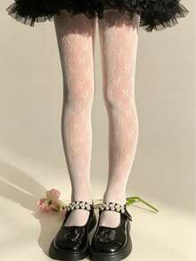1件女嬰蝴蝶結提花白色網眼緊身褲襪，春/夏 - 白色 - 查看 4