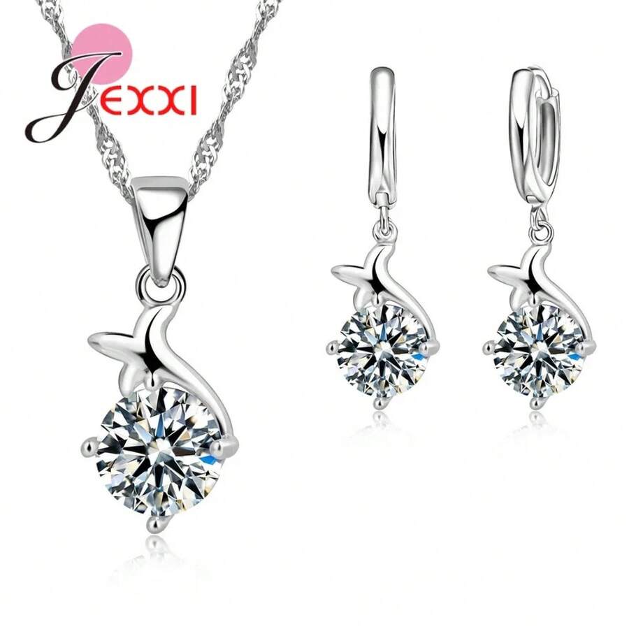 925 Sterling Silver Plating Necklace And Earring Set With Cubic Zirconia, Cross, Heart And Butterfly Design, Fashion Jewelry For Women. - 32901 - 查看 1