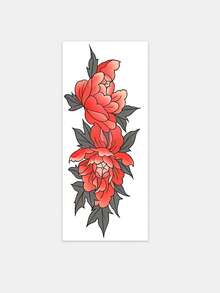1 Pc Bold Traditional Japanese Red Peony Temporary Tattoo Sticker, Waterproof Long Lasting Fake Tattoo, Edgy Floral Body Art For Forearms & Arms - Multicolor - View 2
