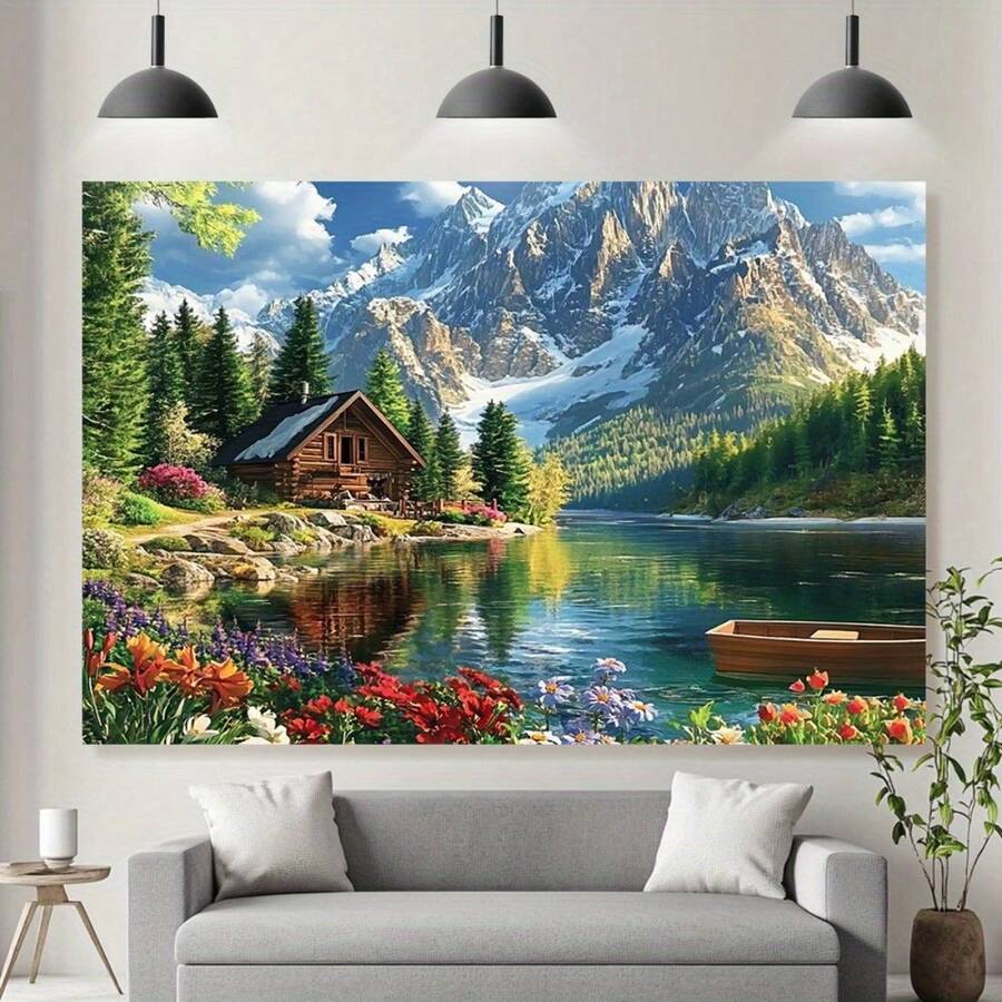 1pc Mountain View And Cabin Design Elegant Background Banner Cloth, Stunning Wall Tapestry For Weddings, Birthdays, Anniversaries Perfect For All-Season Home, Garden, Event Spaces, And Special Occasions, Garden Decor, Natureinspired Decor, Scenic - 如圖所示 - 查看 1