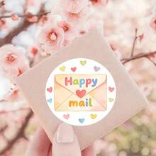 48/24 Autocollants circulaires | Texte << Happy Mail », design d'enveloppe aquarelle et cœur arc-en-ciel, parfait pour sceller les enveloppes, l'emballage cadeau, la décoration faite main, les sacs cadeaux et les étiquettes de cartes de vœux, la production de bijoux, l'affichage et les fournitures d'emballage - rond - Voir 1