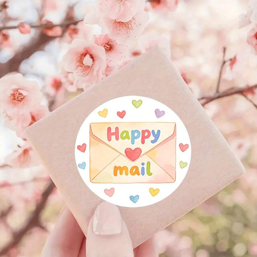 48/24 Autocollants circulaires | Texte << Happy Mail », design d'enveloppe aquarelle et cœur arc-en-ciel, parfait pour sceller les enveloppes, l'emballage cadeau, la décoration faite main, les sacs cadeaux et les étiquettes de cartes de vœux, la production de bijoux, l'affichage et les fournitures d'emballage - rond - Voir 1