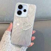 3-In-1 Set For Reno15 F - Bling Faux Pearl Heart Feather Pattern Phone Case + Tempered Glass Screen Protector + Lens Protector, Shockproof Soft TPU, Aesthetic Glitter Design, Anti-Scratch & Drop Protection - Black # YS3IN1 - View 4