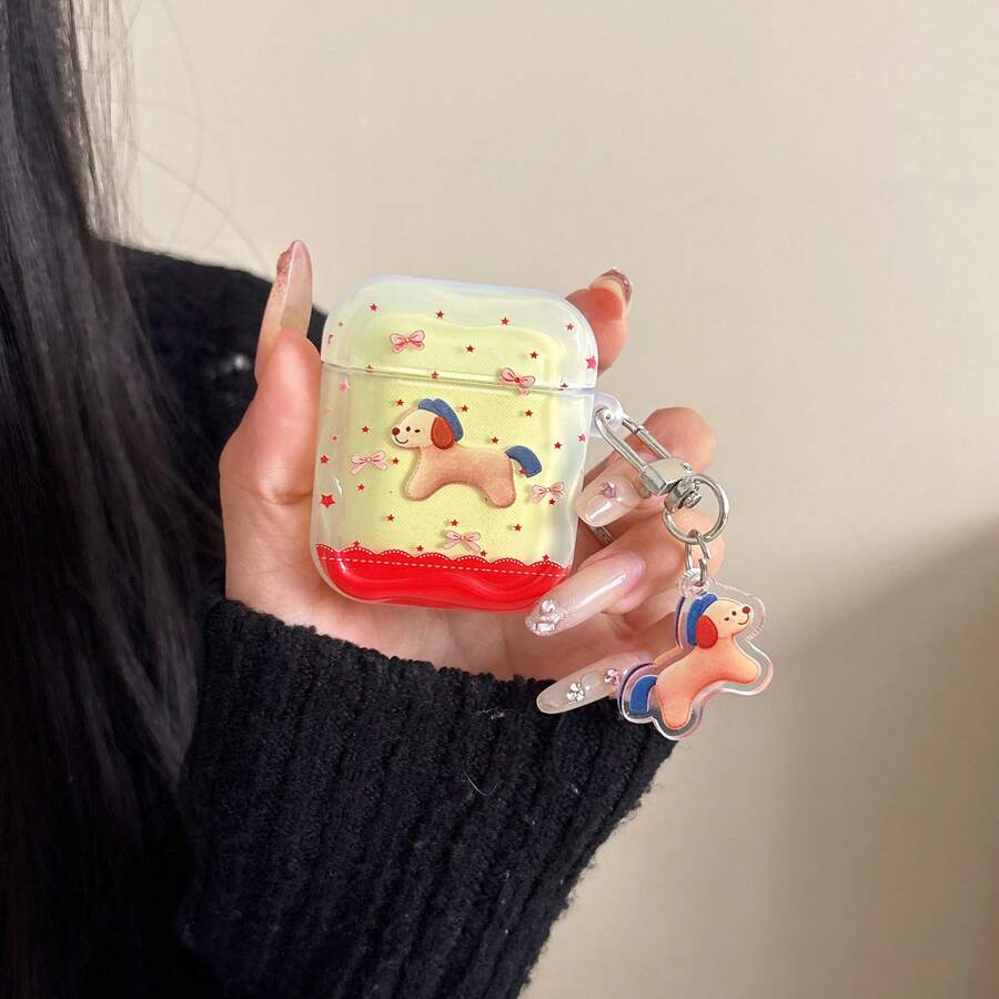 藍色帽子狗蝴蝶結耳機保護套 + 壓克力吊飾配件，適用於 Airpods2/3/4/Pro/Pro2/Pro3 耳機保護套 - 彩色 - 查看 1