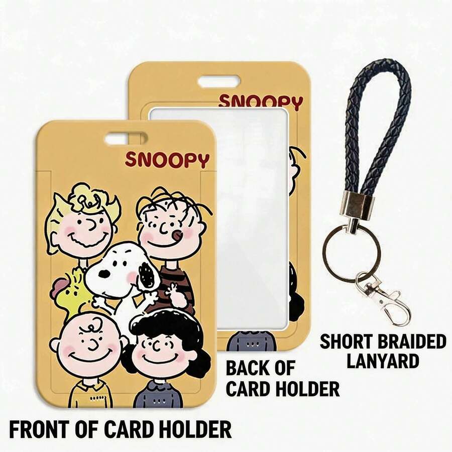 MINISO Sweet Snoopy Peanuts 動漫直立式滑動卡套,可愛卡通 ID 名牌套,附編織皮革掛繩鑰匙圈吊飾,開學季黃色粉色學生女孩禮物 - 黃黑線 - 查看 1