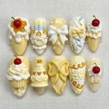 Handmade Nails Press On, Hard And Durable Nail Art, Pink Dessert Press Nails, 3D Cake Cherry Bow Nail Art, Kawaii Cute Birthday Nail Art, Handmade Reusable Style Nail Art Set Summer Nail Art/Applicable To 899 Regions - 紅木色 - 查看 10