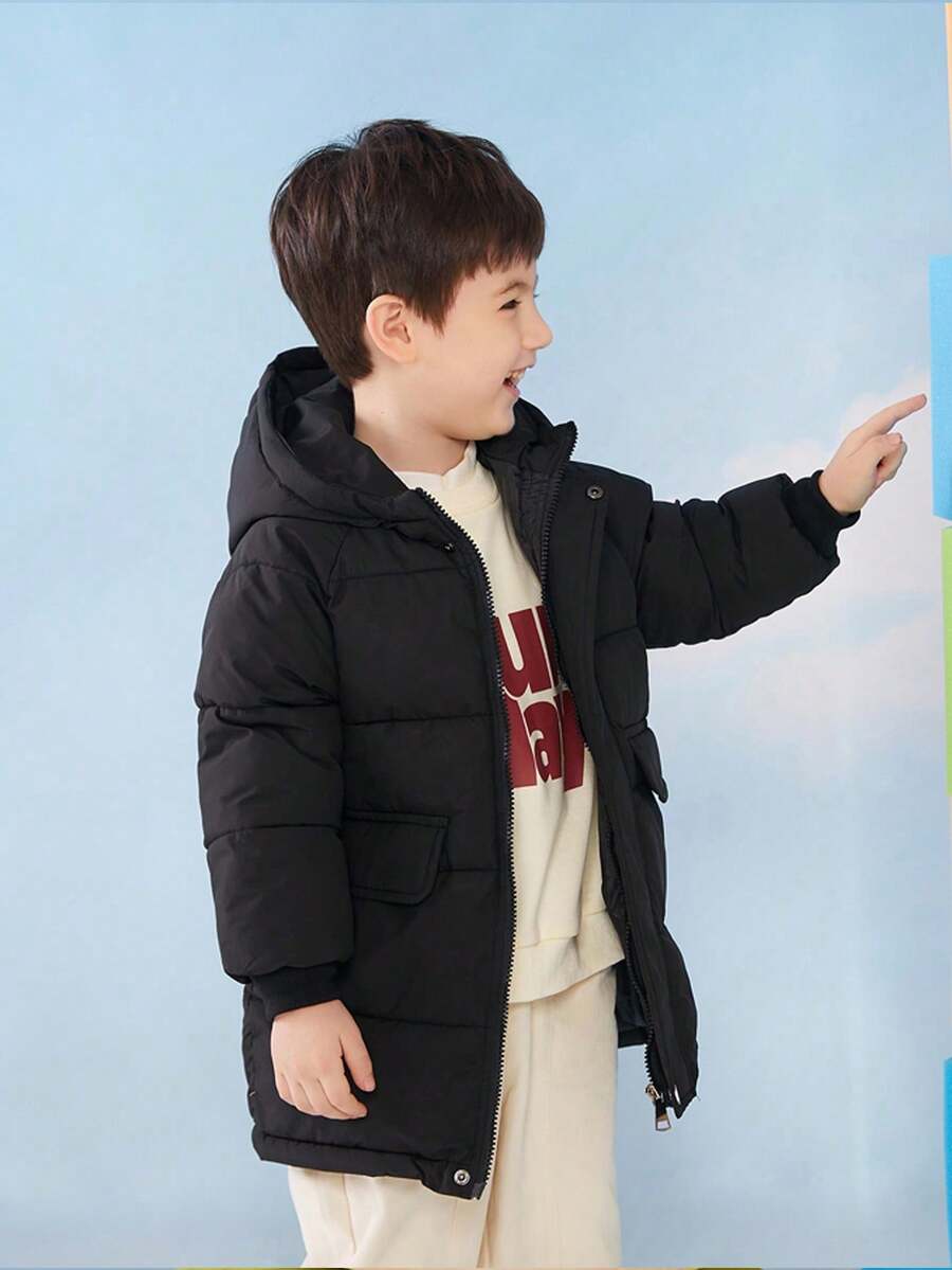 1pc Winter Coat For Little Boys, Mid-Length Hooded Cold-Proof Jacket, Suitable For Children And Girls - Black - View 1