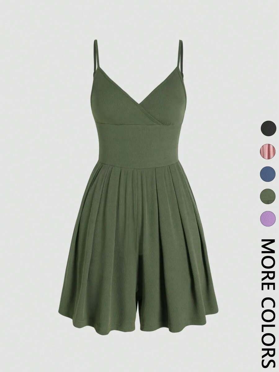 Women's Short Backless Crossover Cami Jumpsuit, Casual Jumpsuit With Adjustable Spaghetti Straps And Wide Leg, Summer Outfits 2024, Women's Everyday Wear Clothing - 綠色 - 查看 1