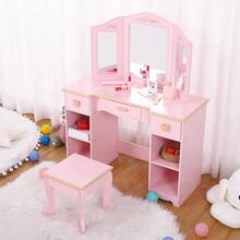 Kids Vanity Set,Kids Vanity Table And Chair Set,Wood Makeup Vanity Desk With Tri-Folding Mirror And Stool,Children Makeup Dressing Table With 3 Drawers,4 Storage Shelves & Accessories For Girls - Pink - View 6