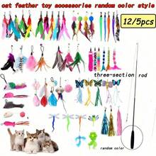 5/12pcs Cat Toy Teaser Wand Interactive Set, Pet Cat Toy With Feather Decoration, Telescopic Bell Replacement Fishing Head Rod, Suitable For All Cats, Random Color - Multicolor - View 1