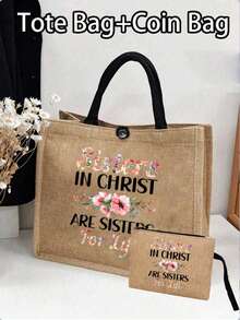 Bolso de lino con estampado de letras "Hermanas en Cristo para Siempre", bolso de mano, bolso de playa, bolso de almacenamiento de viaje, bolso de compras, bolso de cosméticos, bolso de almacenamiento de accesorios, bolso de papelería, bolso de mano del Día de la Diosa, reutilizable, regalo para seres queridos, regalo del Día de la Madre y Día de la Diosa, bolso de regalo personalizado, adecuado para bodas, cumpleaños - Multicolor - Ver 1