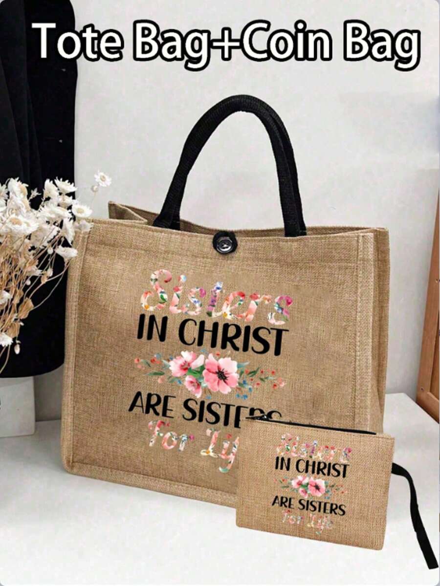 Bolso de lino con estampado de letras "Hermanas en Cristo para Siempre", bolso de mano, bolso de playa, bolso de almacenamiento de viaje, bolso de compras, bolso de cosméticos, bolso de almacenamiento de accesorios, bolso de papelería, bolso de mano del Día de la Diosa, reutilizable, regalo para seres queridos, regalo del Día de la Madre y Día de la Diosa, bolso de regalo personalizado, adecuado para bodas, cumpleaños - Multicolor - Ver 1