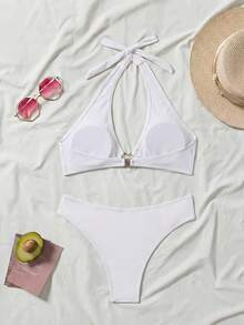 New 2026 Model: Women's Heart-Shaped Neck Tie Bikini Set - 皇家藍 - 查看 11