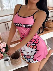 SANRIO 1件 Hello Kitty 粉色休闲可爱舒适简约吊带裙（女款） - 玫紅色 - 查看 4