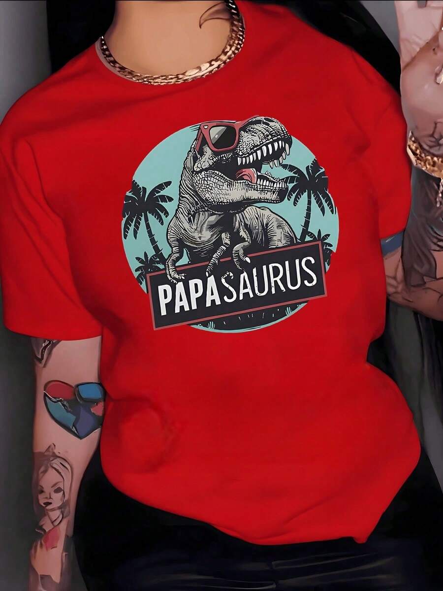 Tyrannosaurus Rex With Red Glasses Showing Pride And Strength Surrounded By Palm Trees, A Symbol Of Family Fun In The Modern Era. Women's T-Shirt, 100% Cotton, Comfortable And Uniquely Stylish. - 紅色的 - 查看 1