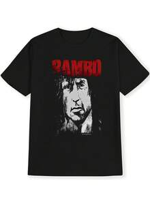 RAMBO T-Shirt mit rotem, kräftigem Aufdruck, Sommer, Rundhals-Kurzarmshirt, lässiges Alltags-Oberteil, Herrenbekleidung - Schwarz - Übersicht 3