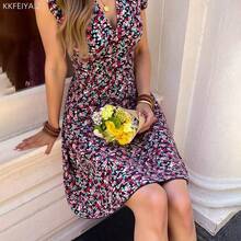 Soqi Women's Clothing Vestido corto de verano con estampado floral menudo, cuello en V, mangas tipo volante, cintura con pliegues y silueta para mujer, ideal para vacaciones - Multicolor - Ver 7