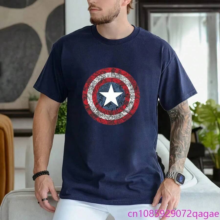 Disney 2026 New  Avenger Shield Print Fashion Men's Casual Crew Neck Loose Comfortable Short Sleeve T-Shirt - 3 - 查看 1